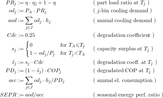 \begin{align*}     PR_j    &:= \eta\cdot\eta_j+1-\eta                      && \text{( part load ratio at $T_j$             )}\\%     od_j    &:= P_A\cdot PR_j                               && \text{( $j$-bin cooling demand               )}\\%     aod     &:= \sum_{j\in J}od_j\cdot h_j                  && \text{( annual cooling demand                )}\\%     Cdc     &:= 0.25                                        && \text{( degradation coefficient              )}\\%     s_j     &:= \begin{cases}%                     0                       &\text{for }T_A{\leqslant}T_j   \\%                     1-od_j/P_j              &\text{for }T_j{<}T_A             %                 \end{cases}                                 && \text{( capacity surplus at $T_j$            )}\\%     \delta_j&:= s_j\cdot Cdc                                && \text{( degradation coeff.$ $ at $T_j$       )}\\%     PD_j    &:= (1-\delta_j)\cdot COP_j                     && \text{( degradated COP at $T_j$              )}\\%     aec     &:= \sum_{j\in J}od_j\cdot h_j/PD_j             && \text{( annual el.$ $ consumption            )}\\%     SEPR    &:= aod/aec                                     && \text{( seasonal energy perf.$ $ ratio       )}\\% \end{align*}